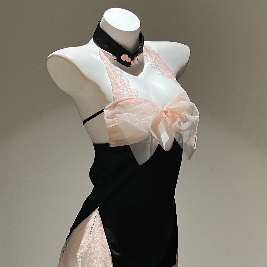 Yes store【桃花运】性感旗袍新中式挂脖蕾丝女士网红纯欲风诱惑