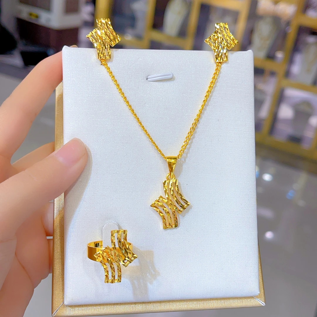 钛钢项链 1450新款三件套首饰耳环项链戒指爆款白搭时尚金色