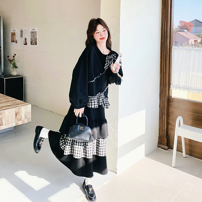 日系蝴蝶结连衣裙春秋新款学院风格子拼接小众设计长袖卫衣长裙子
