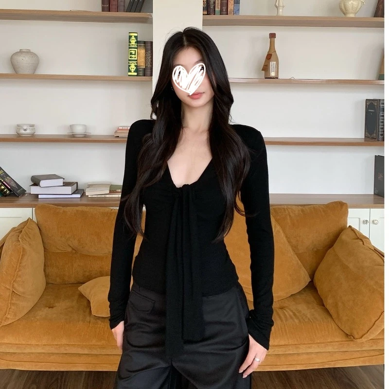 2025早秋新款美式复古辣妹系带长袖T恤收腰修身显瘦百搭纯欲上衣