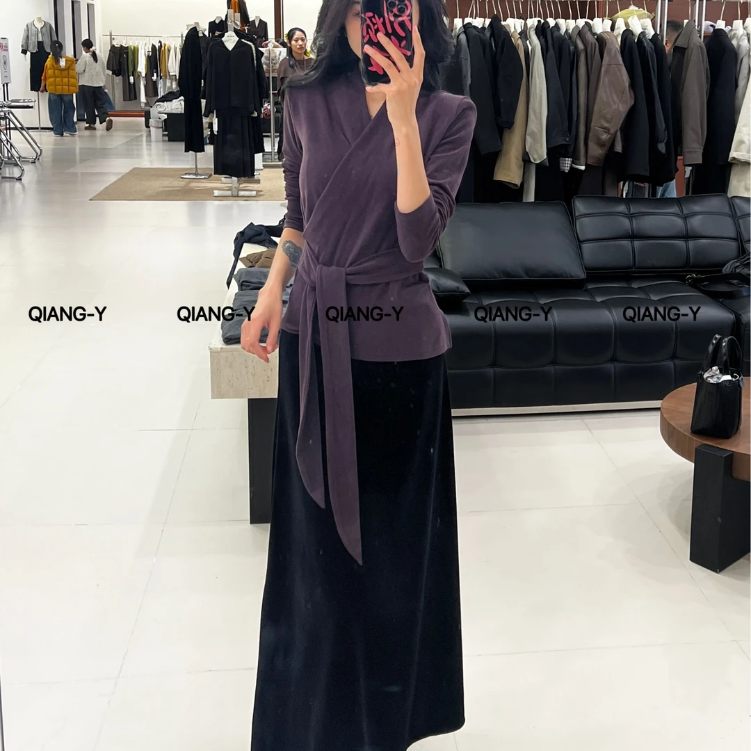 修身型吸汗绑带法式长袖上衣设计师显瘦中长款621