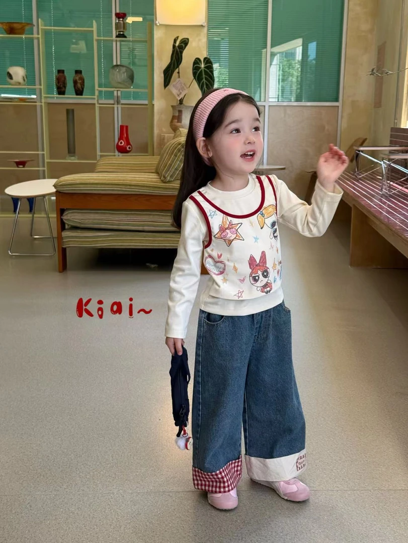 女童杏色假两件卡通上衣蓝色格子牛仔裤（kiai-6195+6023-秋A）汉服