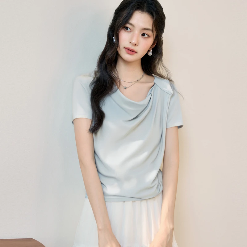 诗凡黎斜肩扭结设计短袖T恤2025夏新款修身亲肤打底上衣7G4100741
