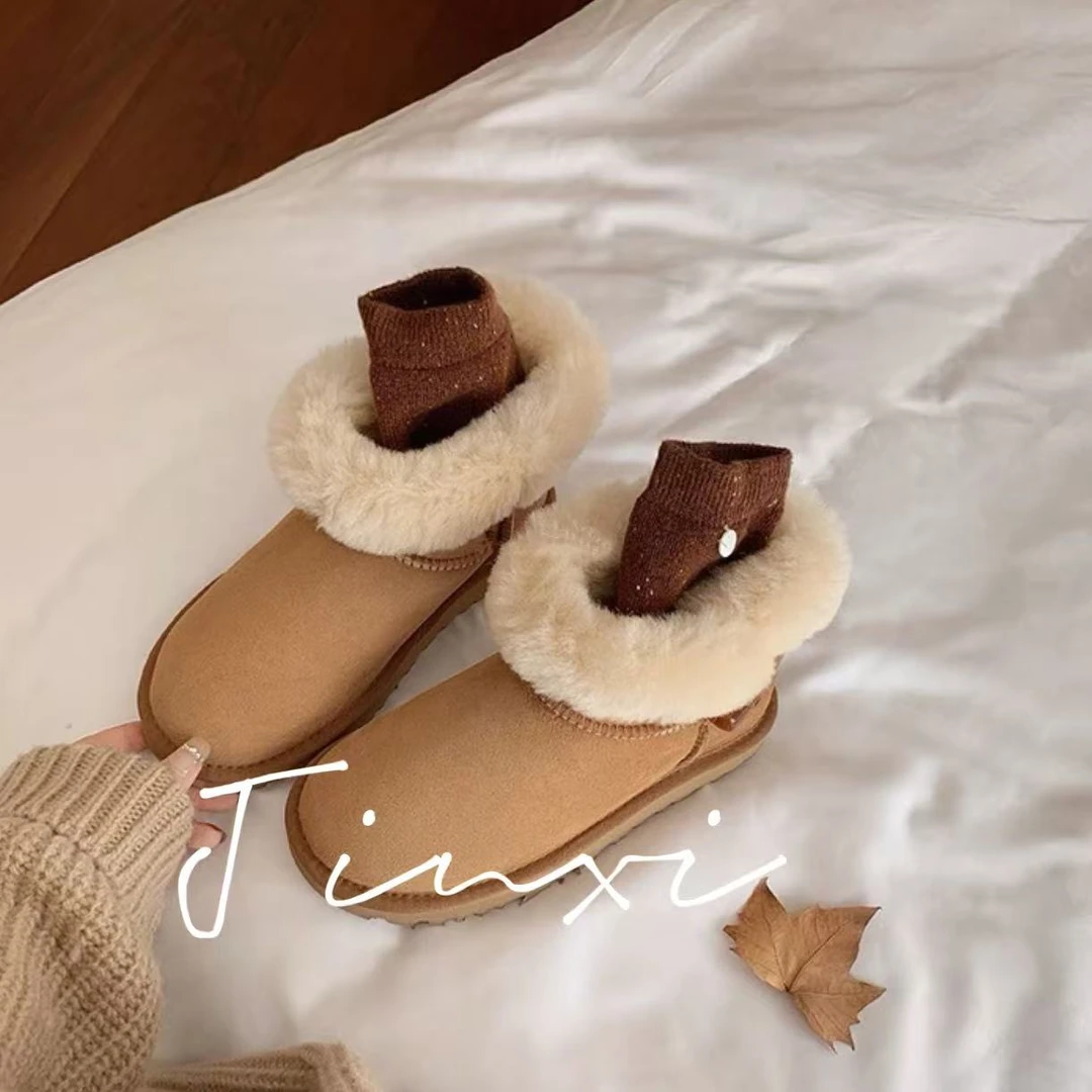 冬日初雪~牛角扣厚底真皮雪地靴短靴