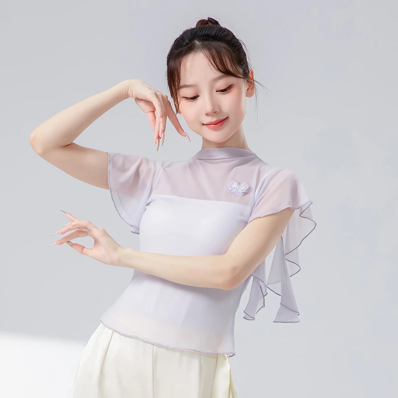 古典舞蹈服女夏季新款小飞袖网纱成人古典舞飘逸练功服形体服上衣