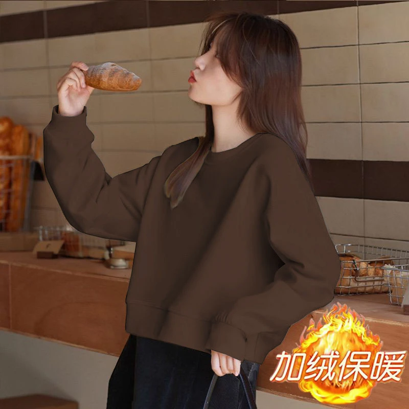 华棉纯色2025新款加绒加厚显瘦圆领减龄外套小个子百搭短款卫衣女