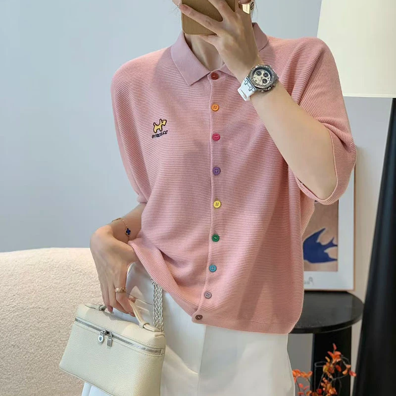 【香嘉怡新品】XJYE913女士上衣小翻领彩扣开衫针织衫百搭夏季