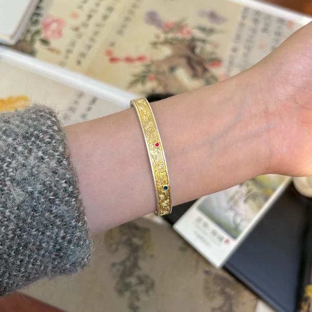 足银手镯 【凤求凰】描金珐琅彩足银实心开口如意足银999.9