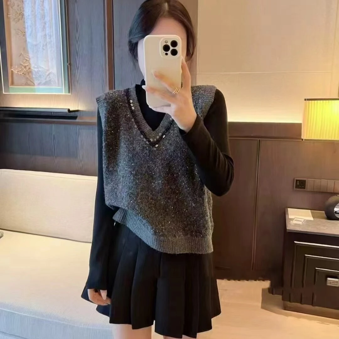 法式高级感V领钉珠亮片马甲背心两件套