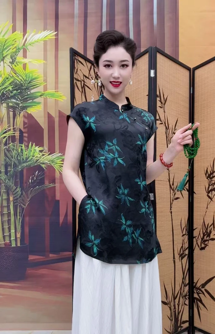 2509新中式奥黛斜襟宽松显瘦中长款旗袍裙