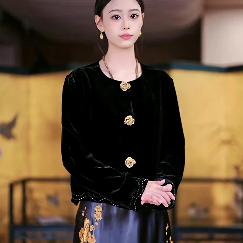 复古日记“韶华”真丝丝绒玫瑰花扣法绣钉珠小香风外套25GW896