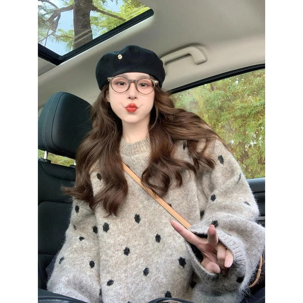 慵懒风韩系波点针织衫上衣女秋冬新款撞色小个子减波点慵懒风毛衣