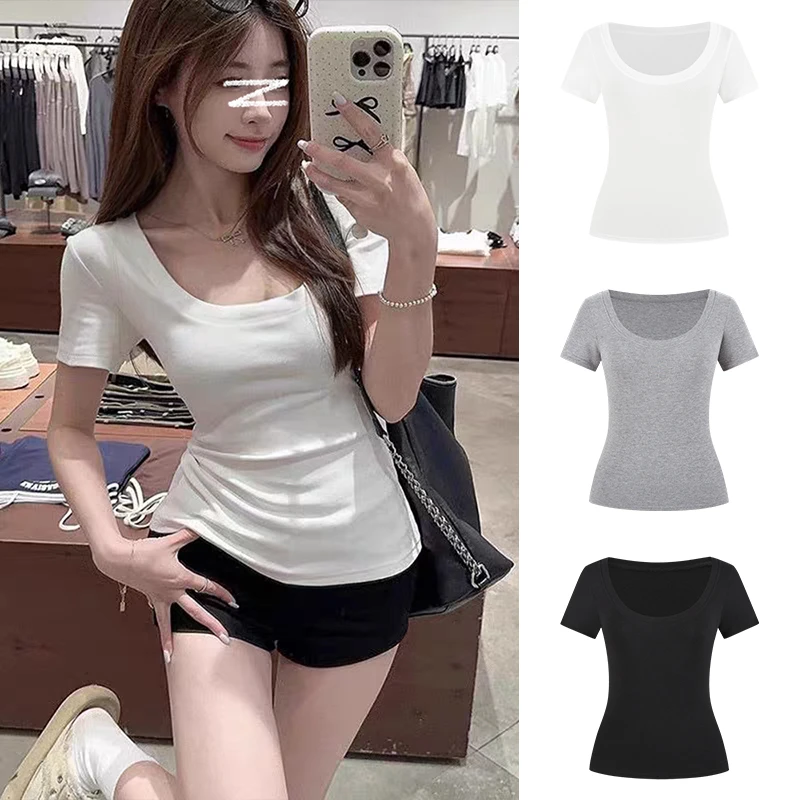 Moses Queen/魔西女王U领正肩掐腰短袖T恤收腰修身基础休闲上衣