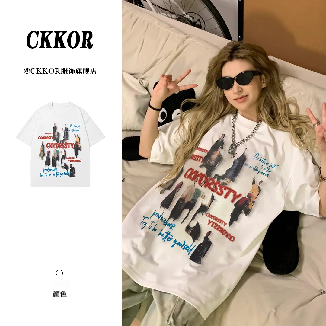 CKKOR美式复古风潮流印花韩版短袖t恤女夏季新款宽松显瘦纯棉上衣