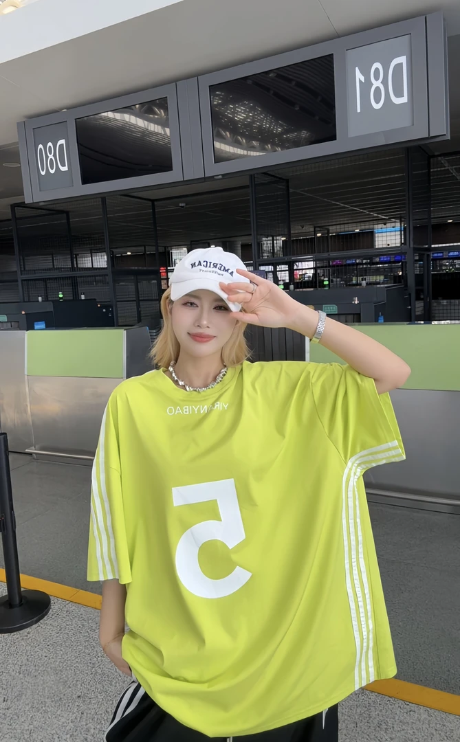 熠燃熠爆情侣款肩膀织带-数字5超大宽松潮牌印花夏款T恤个性夏季