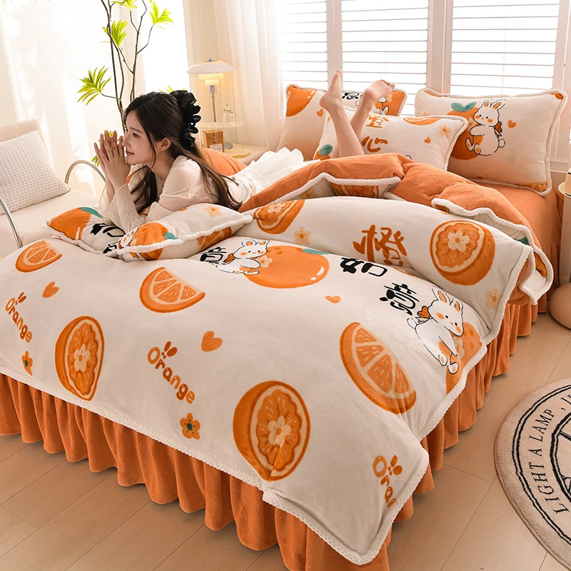 加绒加厚牛奶绒四件套小清新双面绒被套床裙款八斤重保暖床品套件