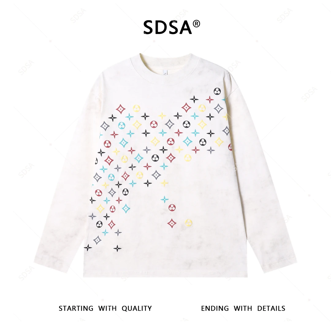 SDSA男士秋冬新款轻奢痞帅男装彩色十字印花圆领长袖T恤百搭上衣