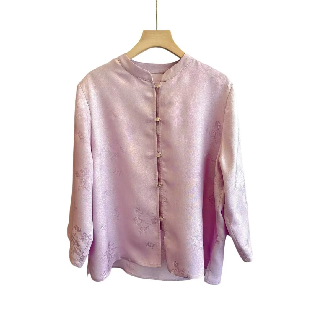 100桑蚕丝（粉黛梦蝶）提花金通正绢国风春夏上衣新中式中袖外套