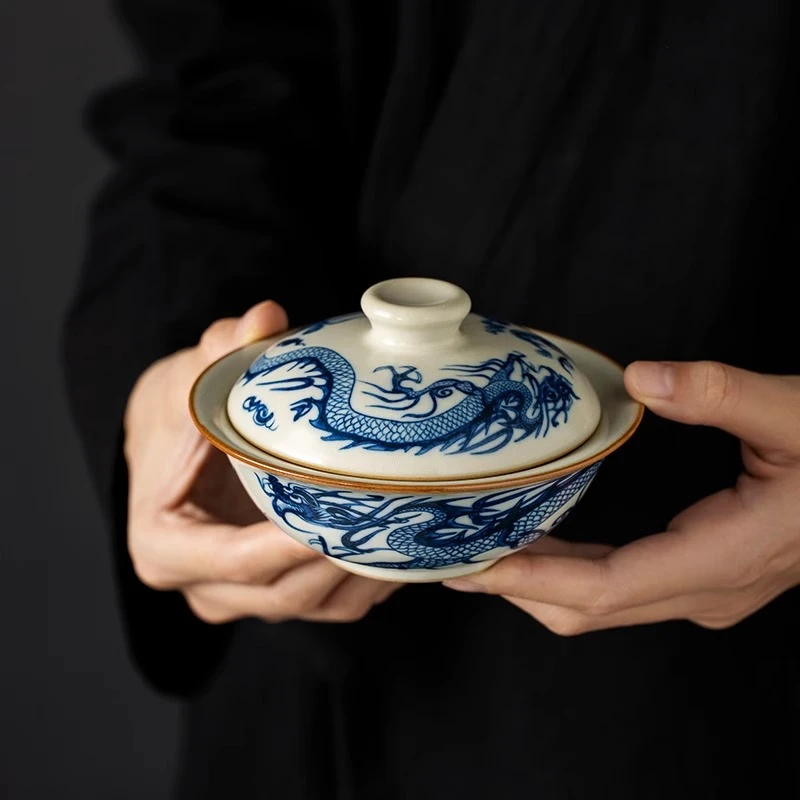 汝窑青花元龙烟灰缸带盖家用客厅高级感个性潮流防飞灰中式烟缸