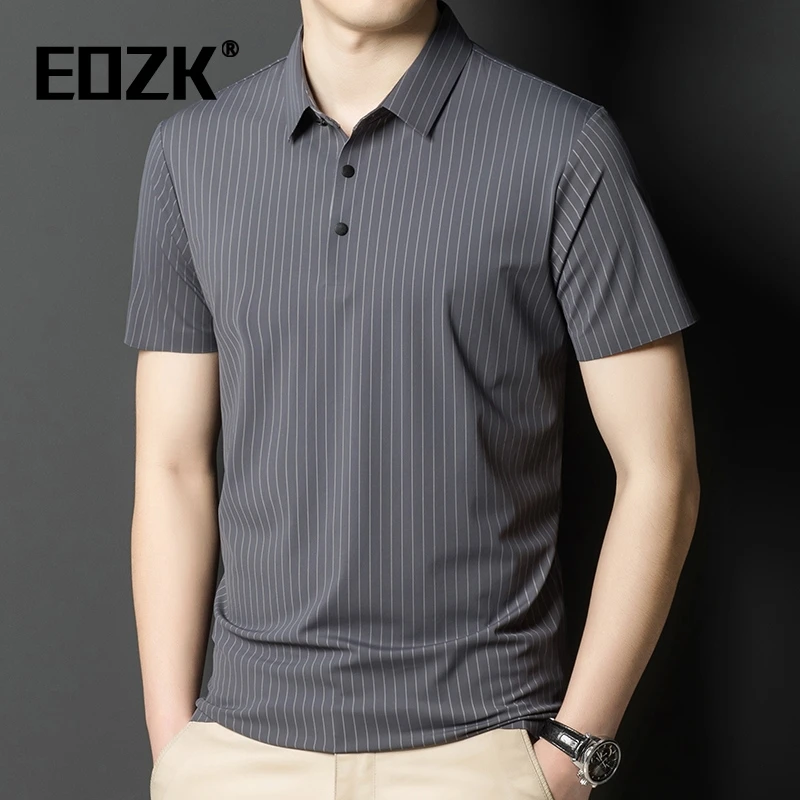 Eozk2025夏季男装短袖t恤中年男士条纹时尚轻商务翻领休闲polo衫