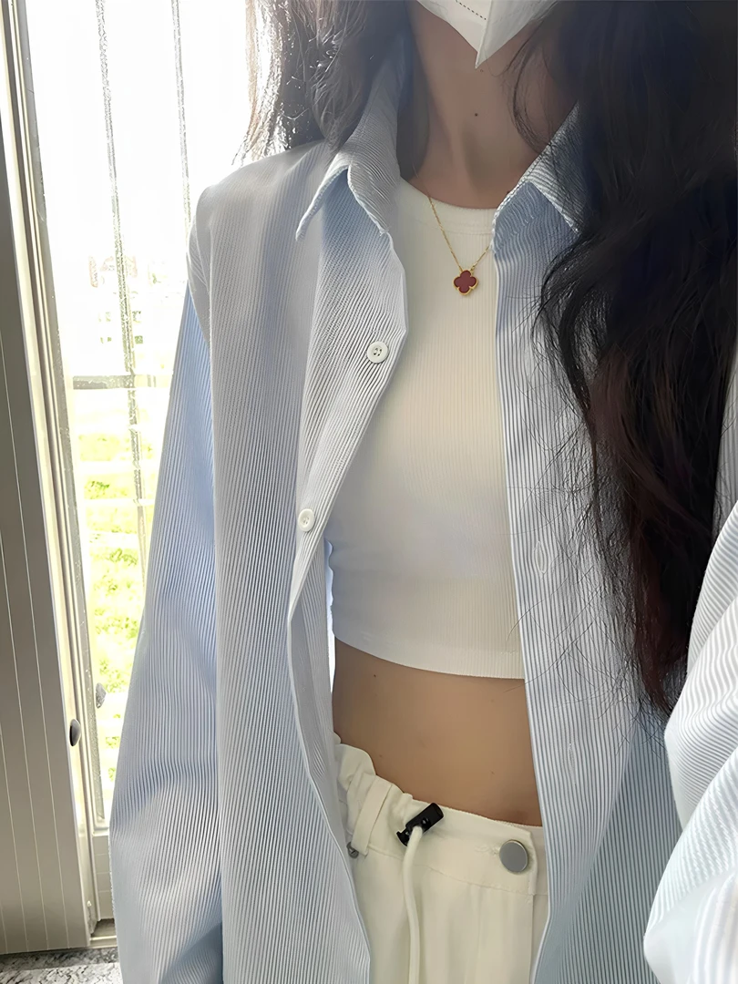 韩系蓝色条纹长袖衬衫外套女早秋新款穿搭衬衣设计感小众气质上衣