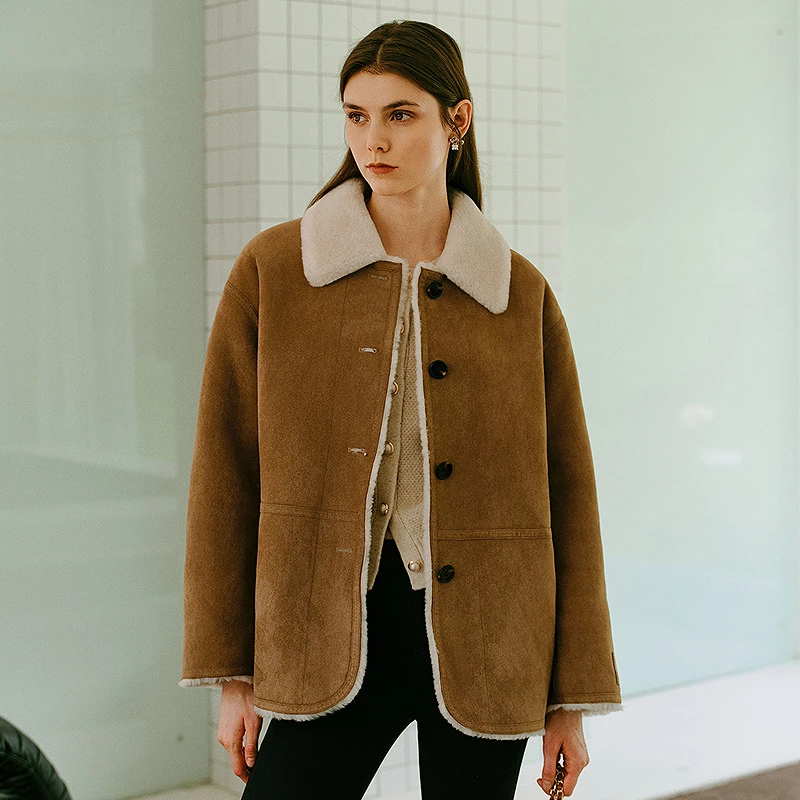 复古米色一体外套25新款加绒翻领仿麂皮上衣MOGD04TUR048C11