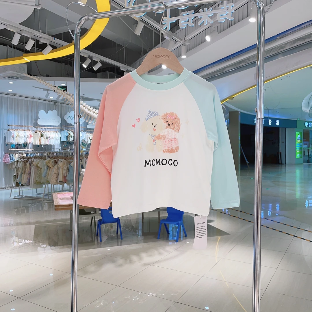 MOMOCO秋季女童甜美卡通小狗印花洋气拼色插肩袖T恤20250730005