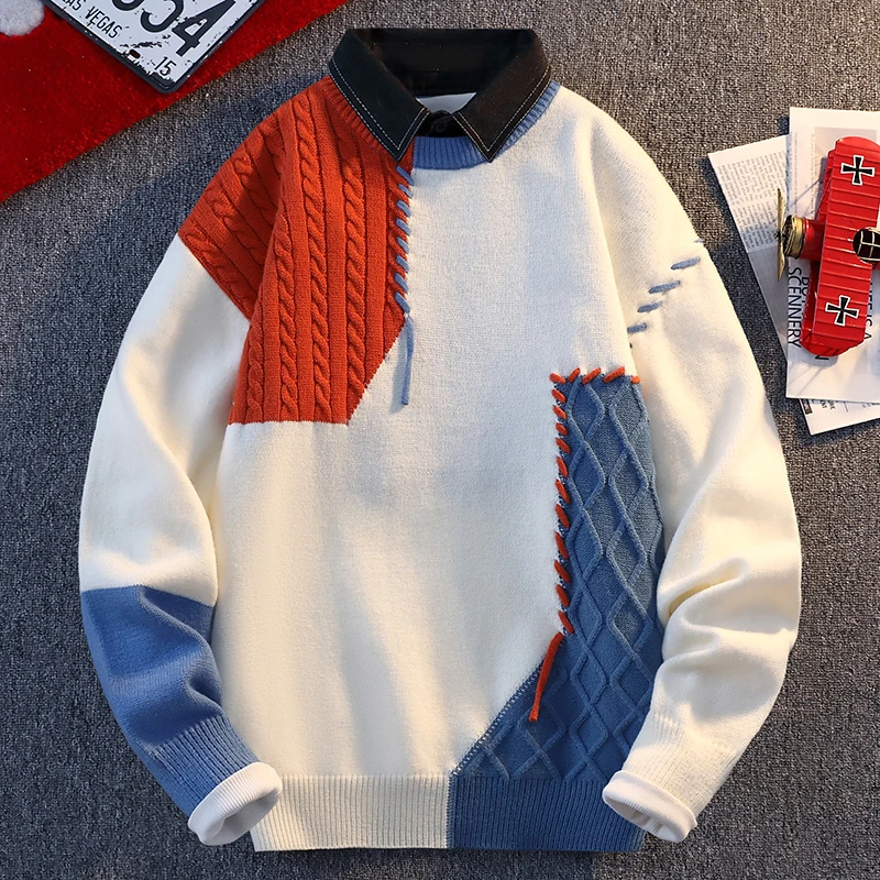 拼色设计感手工编织麻花衬衫领毛衣男保暖加厚内搭针织衫青少年冬