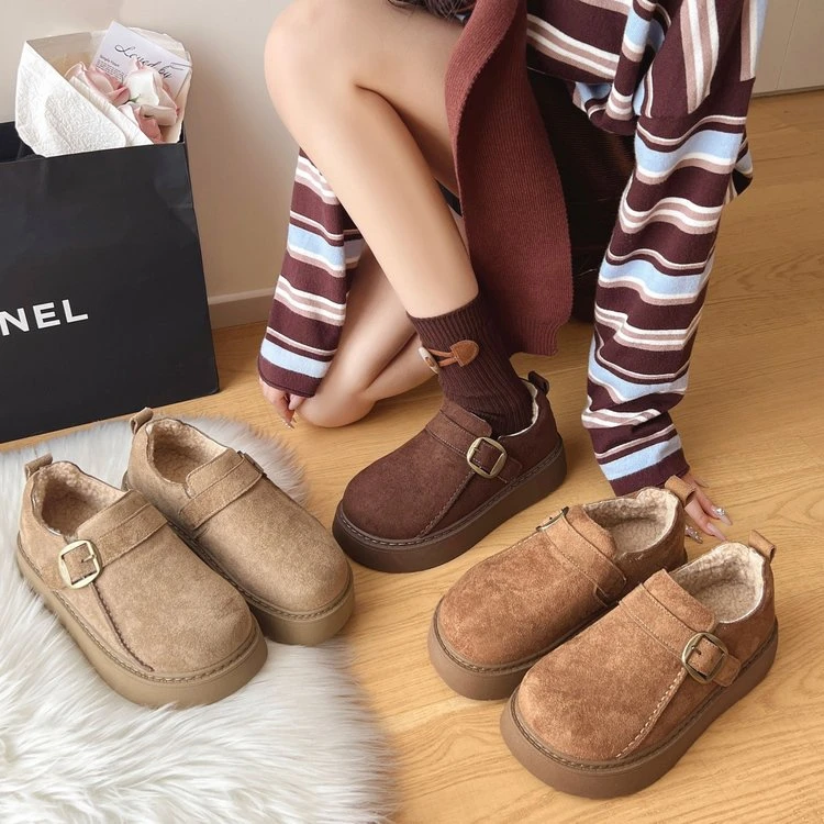 松糕踩屎感厚底勃肯鞋女2025新款秋冬加绒百搭乐福鞋雪地靴棉鞋