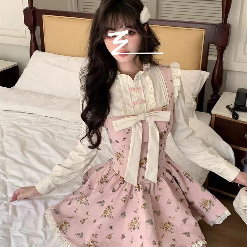 蝴蝶结复古新中式公主裙新款设计感显瘦碎花连衣裙粉色女春季收