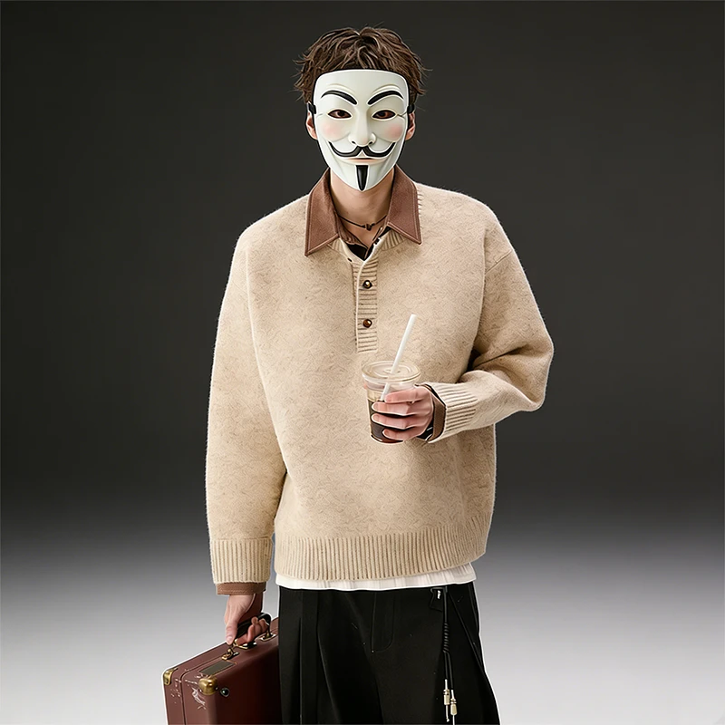 CHICERRO西西里男装设计感艺术假两件仿牛仔衬衫领毛衣男内搭上衣