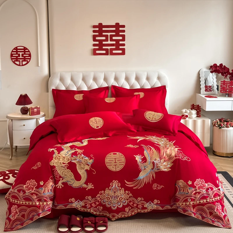 全棉婚庆四件套大红色中式龙凤刺绣被罩床单结婚备婚嫁床上用品