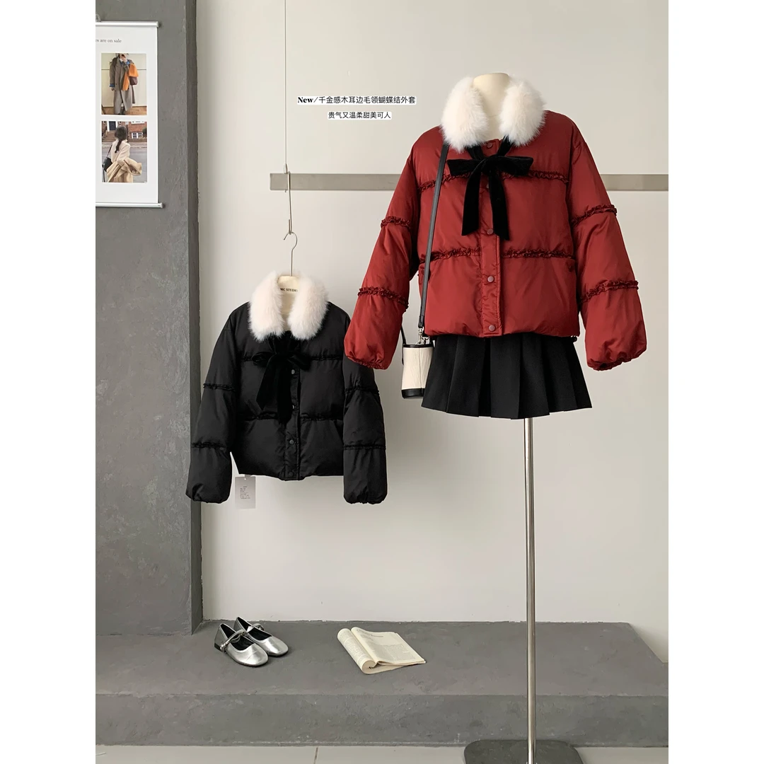 圣诞红色毛领棉服女冬季新款高级感加厚保暖小个子短款外套