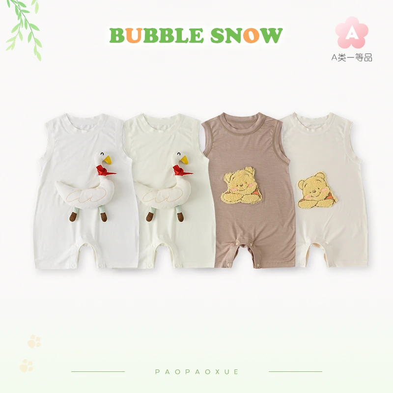 15197宝宝卡通天鹅无袖男女宝夏季洋气维尼熊连体哈衣透气爬服