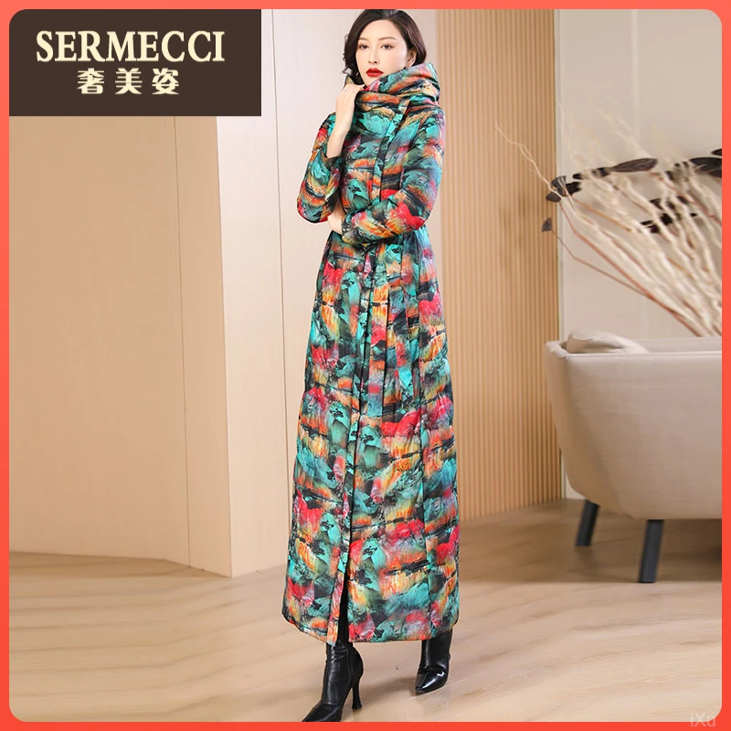 国风修身复古高级感新款长款花色亮面羽绒服女2025冬季过膝保暖