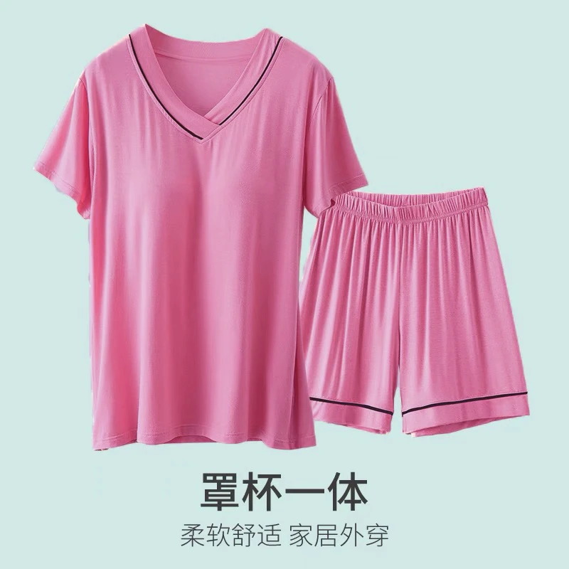 JH-7306空调家居服舒适胸垫一体杯宽松V领家居服套装【短裤+短袖】