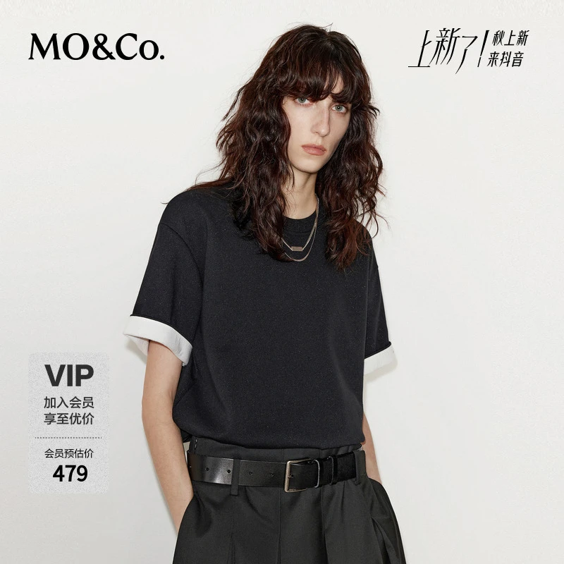 MOCO短袖T恤金银葱棉质圆领撞色卷边宽松MBD4TEE019