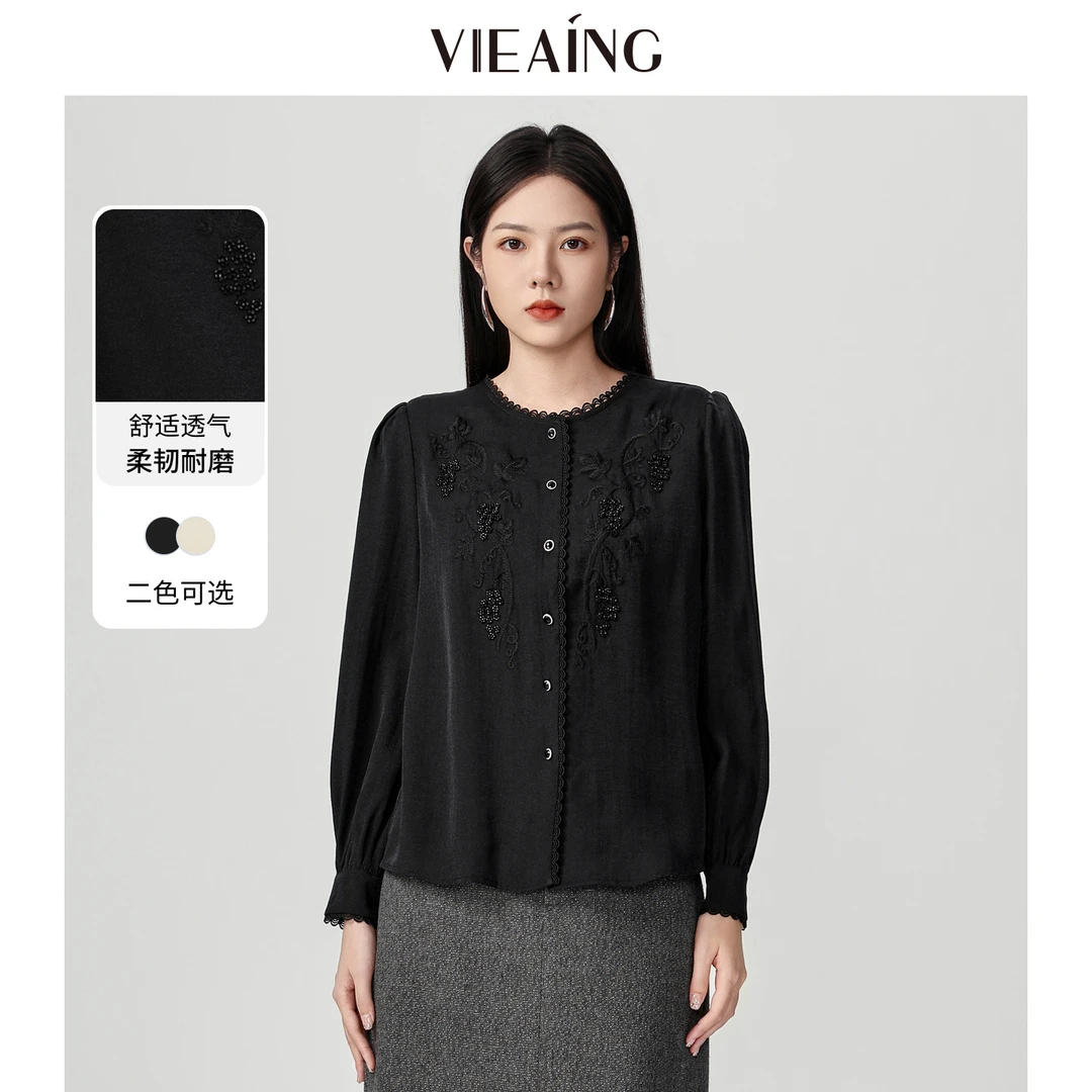 VIEA.ING薇迎莱赛尔衬衫女2025秋季新款休闲蕾丝花边小衫圆领上衣