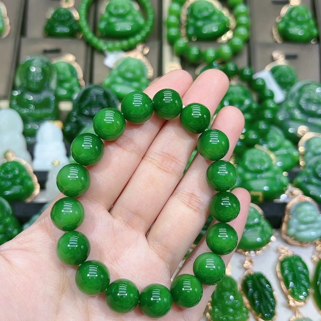 和田玉（碧玉）手串未镶嵌12m阳绿单圈