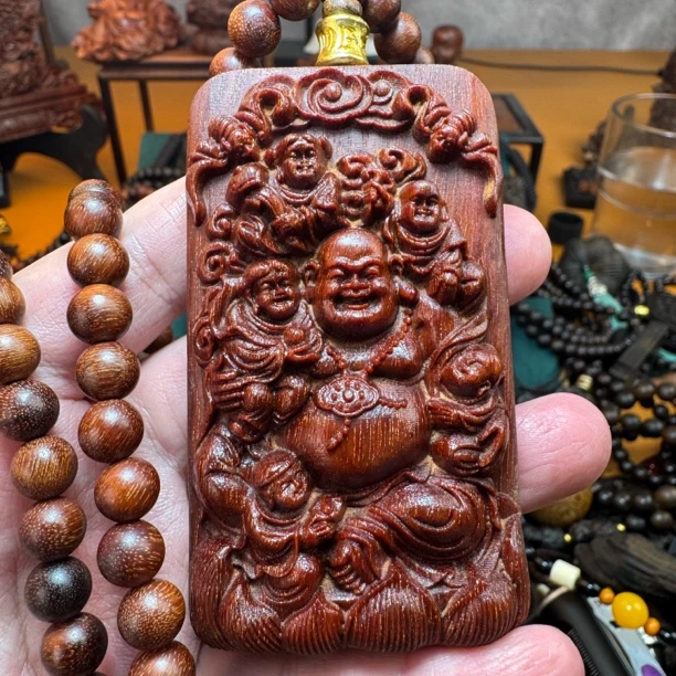 沉香木5/8童子戏米勒-0.8越南红土沉香木雕双面精工雕刻挂件