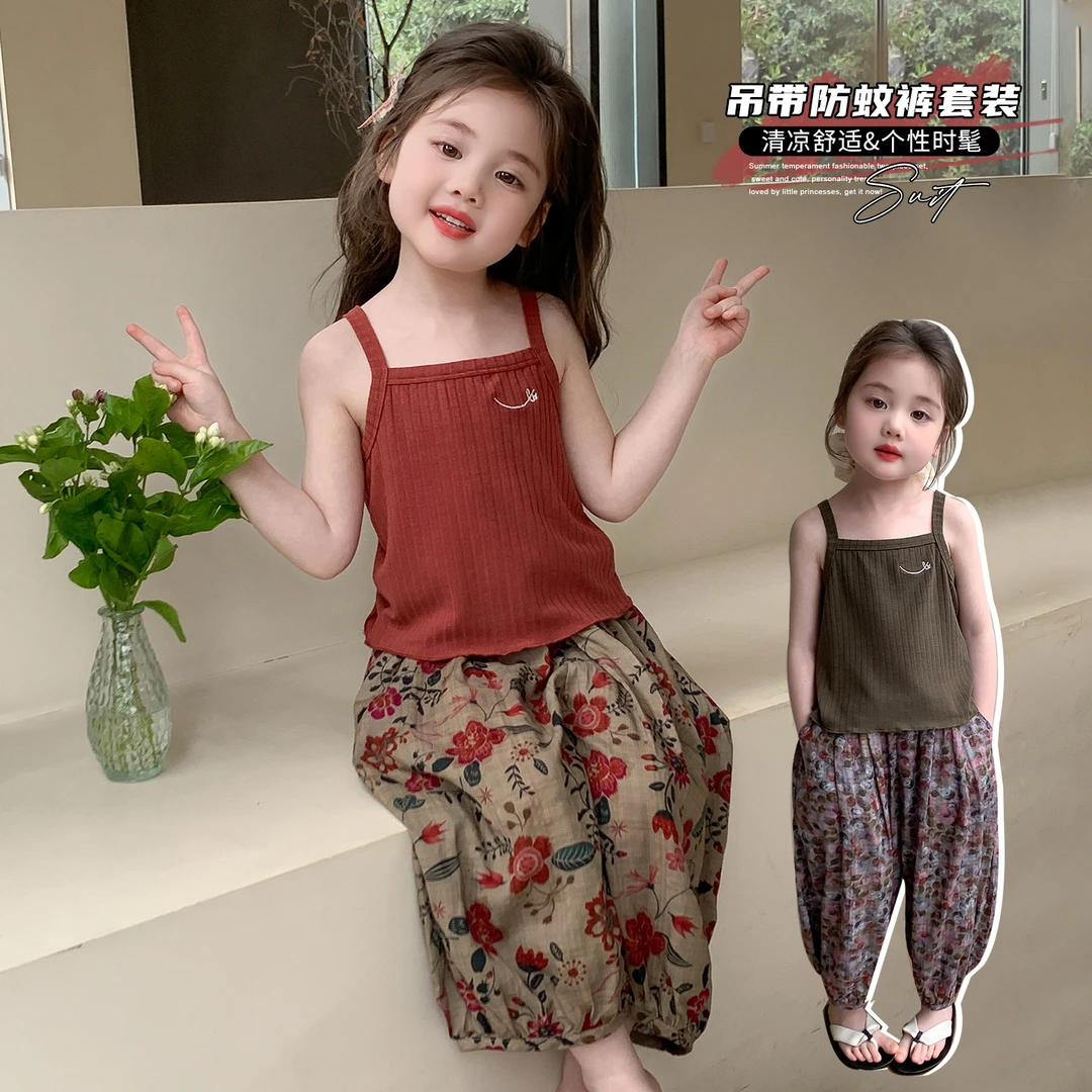 夏季新款韩版女童时髦网红夏装女小孩薄款可爱吊带背心防蚊裤套装