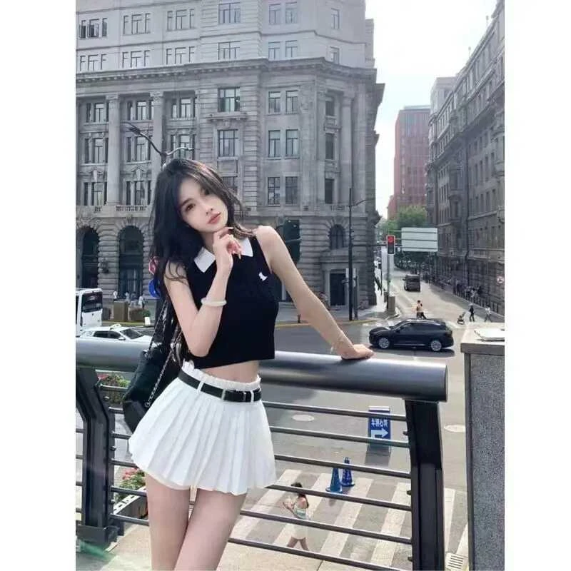 学院风甜美气质短款吊带背心上衣纯欲辣妹百褶短裙两件套装女