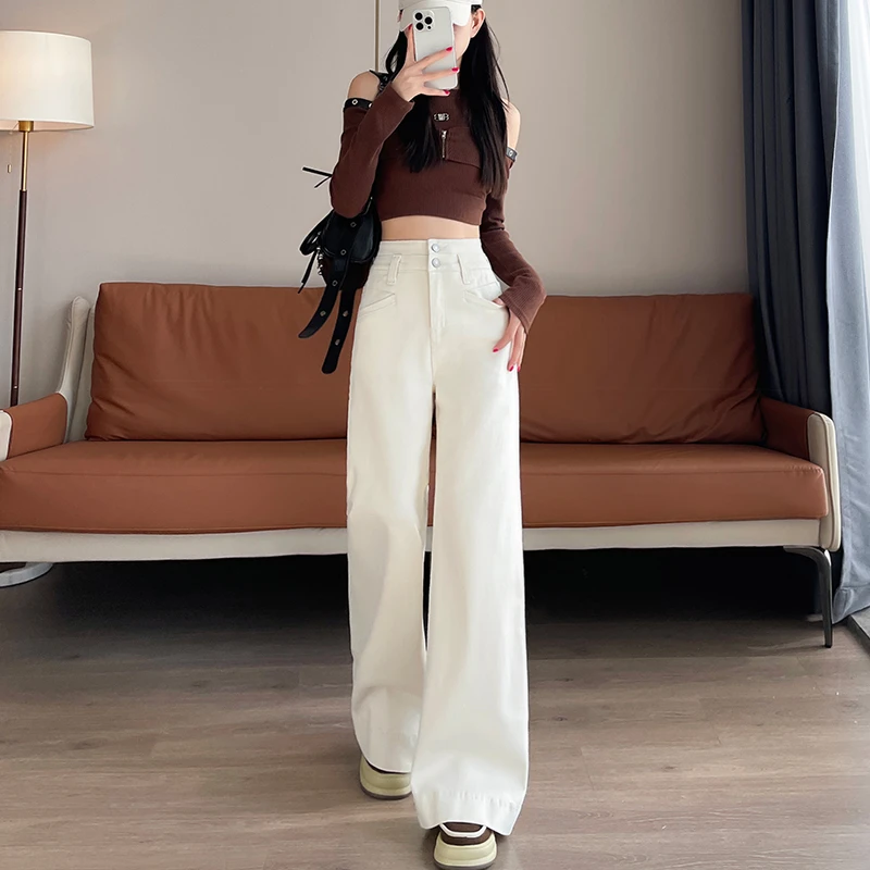米白色牛仔裤新款流行加绒小个子微喇牛仔修身加绒牛仔裤阔腿裤