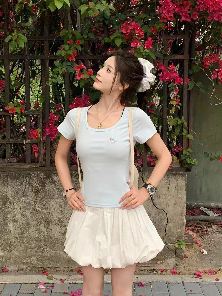 大码纯欲kitty猫刺绣短袖显瘦甜辣上衣6850