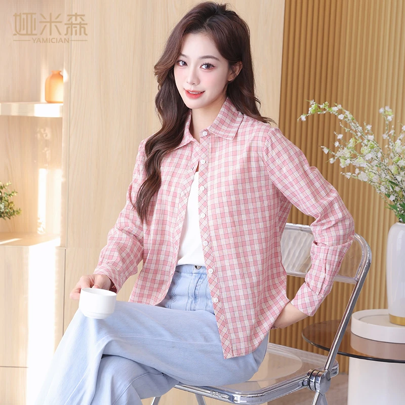 纯棉格子衬衫女长袖春秋新款修身时尚韩版显瘦洋气衬衣上衣外穿款