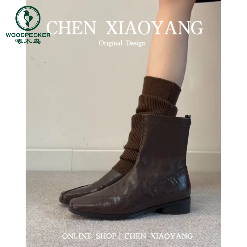 复古方头弹力瘦瘦靴女冬季百搭切尔西短靴静音底通勤马丁靴