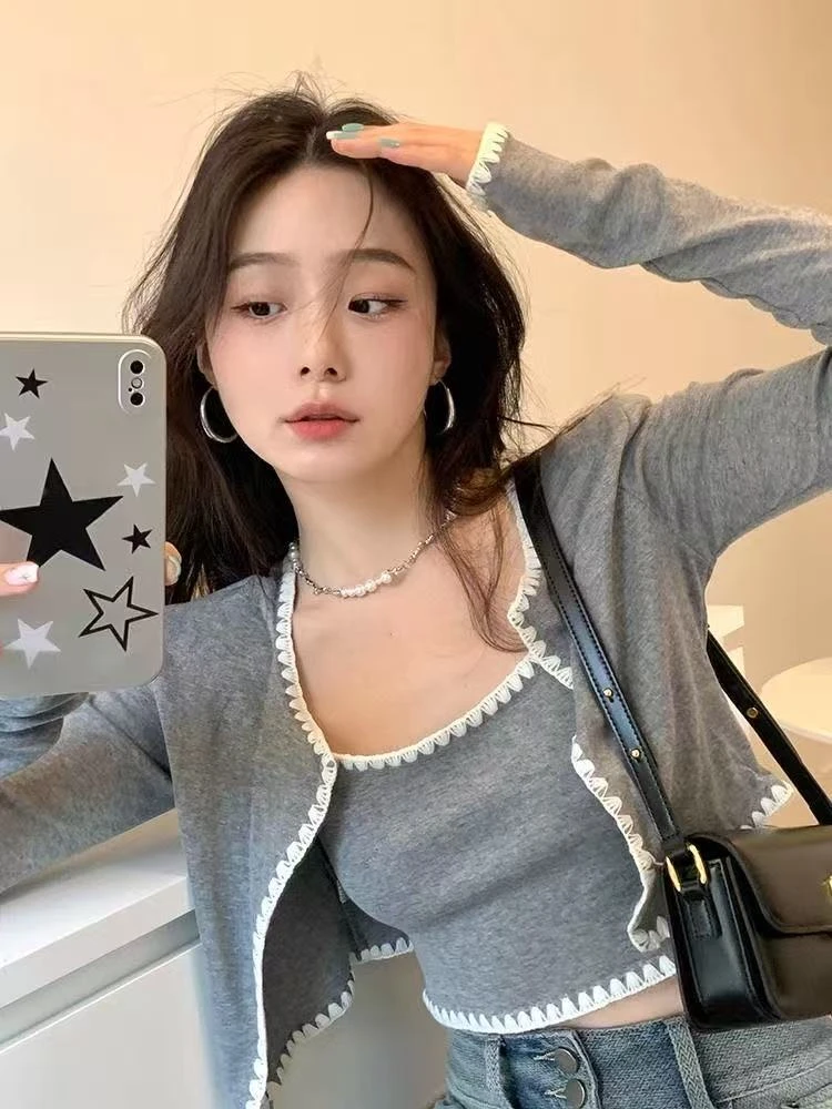 撞色花边辣妹套装女春秋2025新款长袖开衫上衣型号Q6GAME周边吊带