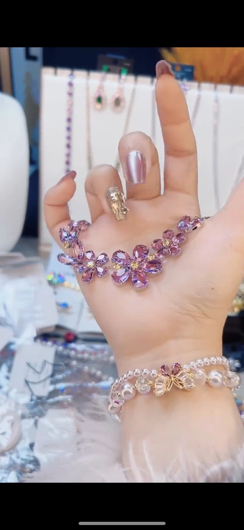 铜合金仿水晶项链 中国风亚克力欧美风法式合金精美素款彩色链子