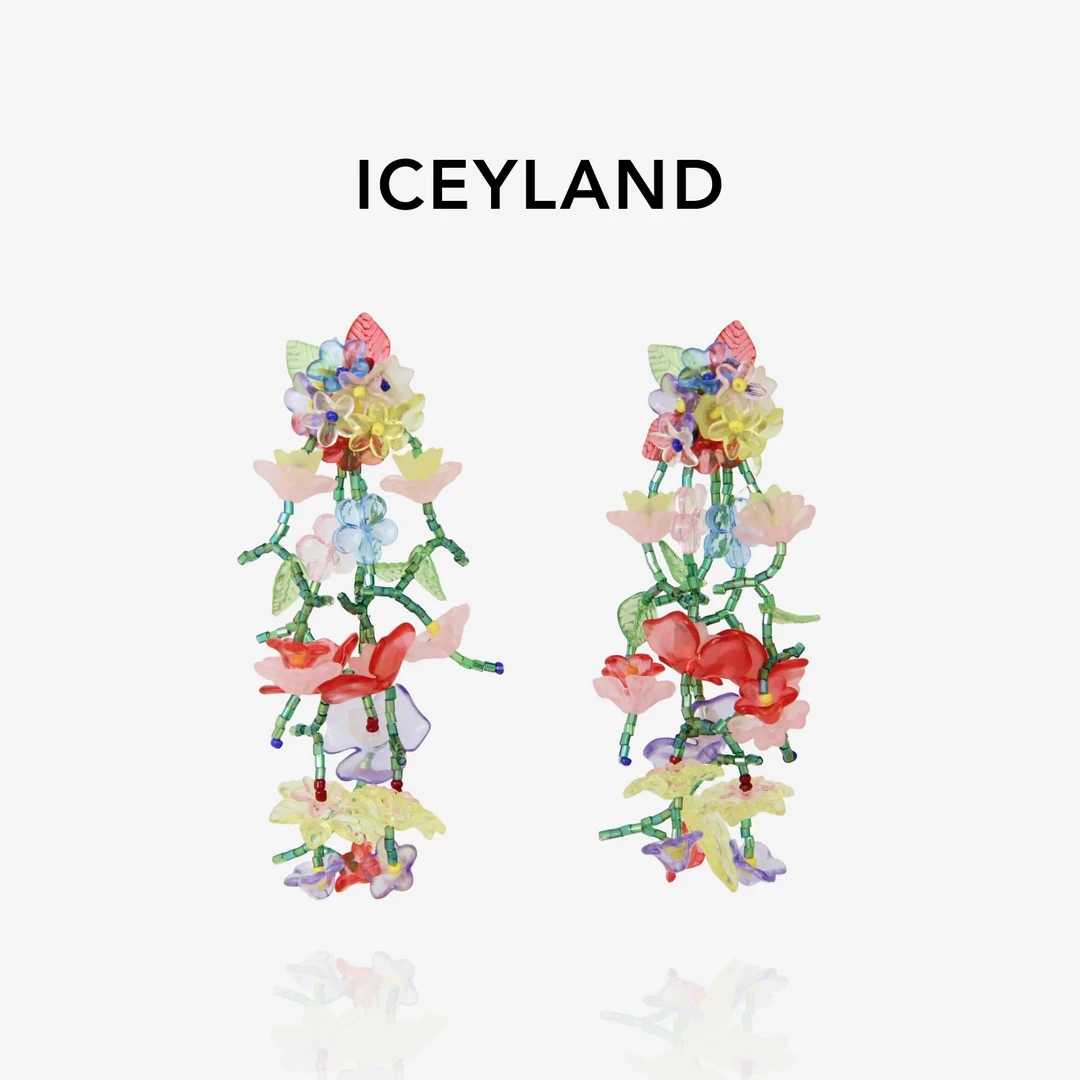 黄铜树脂耳饰 ICEYLAND 度假风夸张手工串珠编织花团流苏耳环