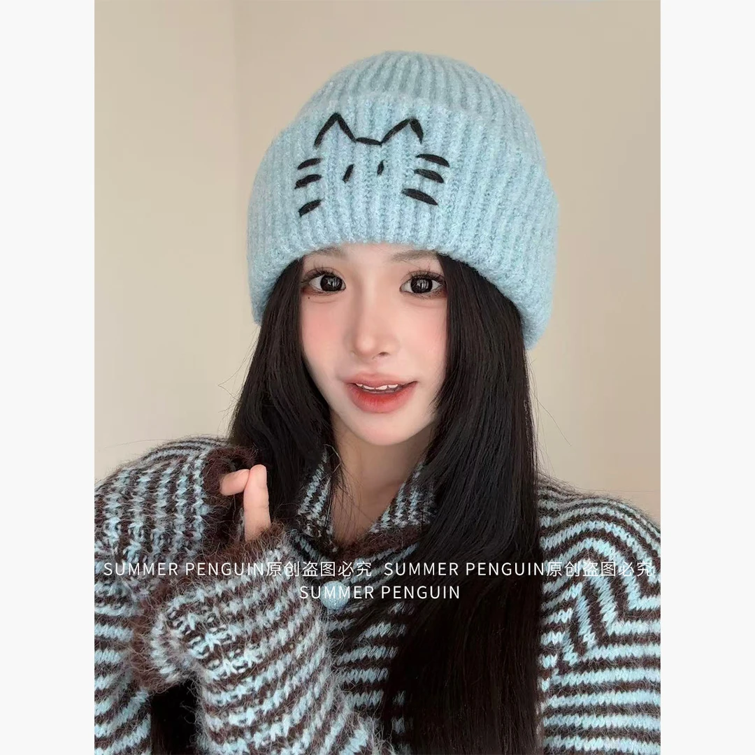 SUMMER PENGUIN可爱线条猫咪针织毛线帽女秋冬季保暖显脸小包头帽